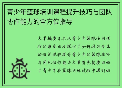 青少年篮球培训课程提升技巧与团队协作能力的全方位指导