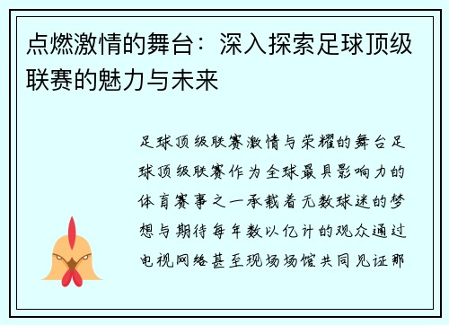 点燃激情的舞台：深入探索足球顶级联赛的魅力与未来