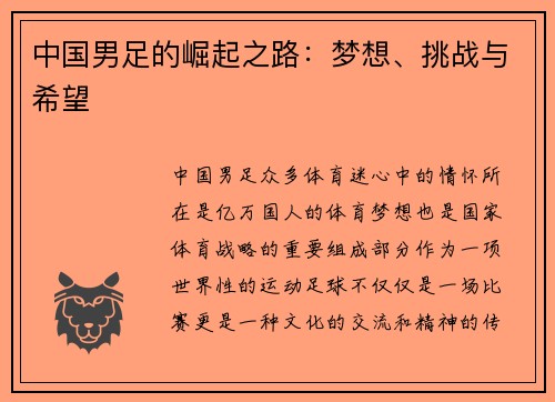 中国男足的崛起之路：梦想、挑战与希望