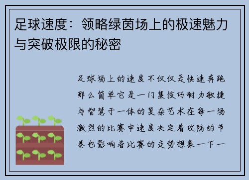 足球速度：领略绿茵场上的极速魅力与突破极限的秘密