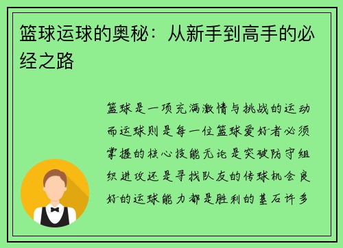 篮球运球的奥秘：从新手到高手的必经之路