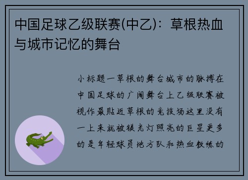 中国足球乙级联赛(中乙)：草根热血与城市记忆的舞台