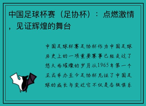 中国足球杯赛（足协杯）：点燃激情，见证辉煌的舞台