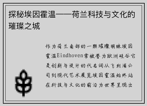 探秘埃因霍温——荷兰科技与文化的璀璨之城