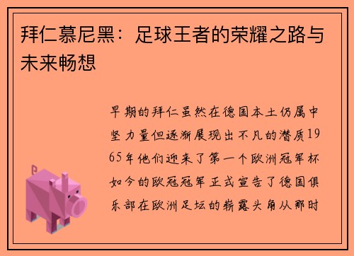 拜仁慕尼黑：足球王者的荣耀之路与未来畅想